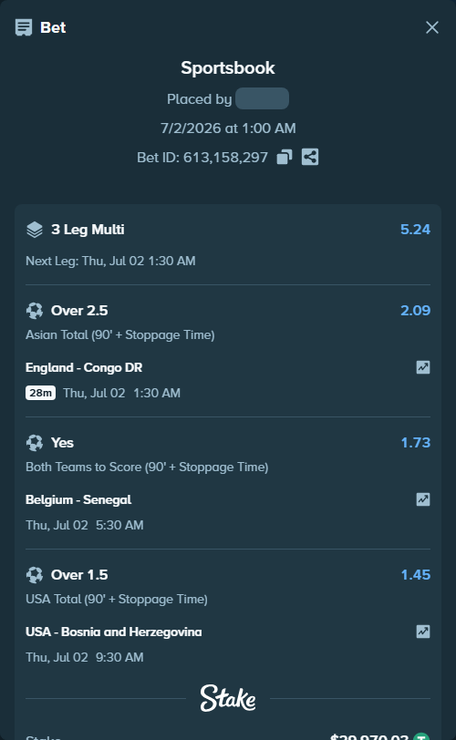 Bet slip: Belgium - Senegal, $30,000.00 stake at 1.73 odds, placed by Paata09