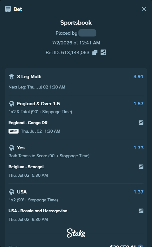 Bet slip: Belgium - Senegal, $32,867.53 stake at 1.73 odds, placed by Bigfoltz