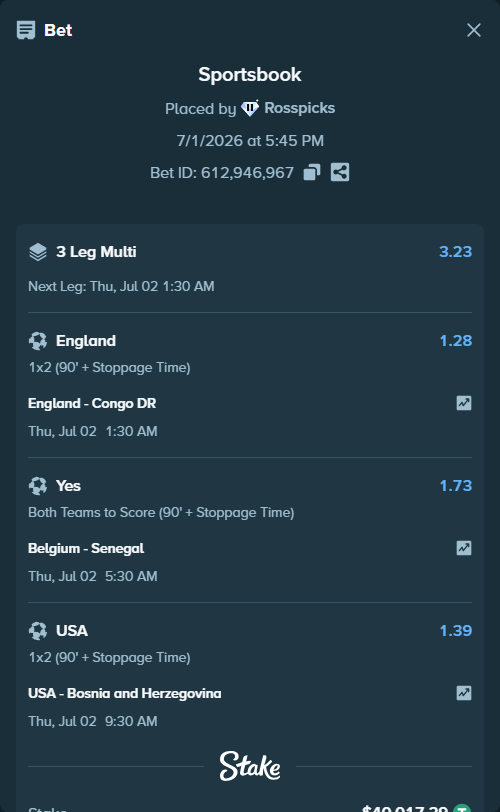 Bet slip: Belgium - Senegal, $40,057.31 stake at 1.73 odds, placed by Rosspicks