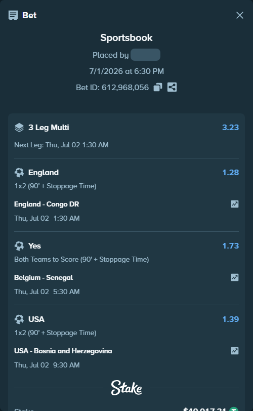 Bet slip: Belgium - Senegal, $40,057.33 stake at 1.73 odds, placed by Rosspicks