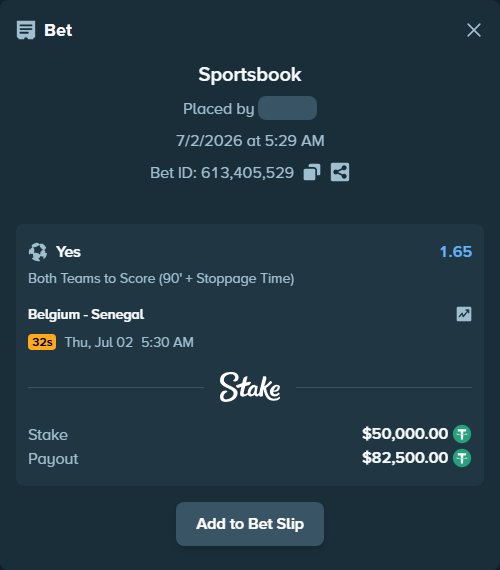 Bet slip: Belgium - Senegal, $50,050.00 stake at 1.65 odds, placed by Bajarangg83