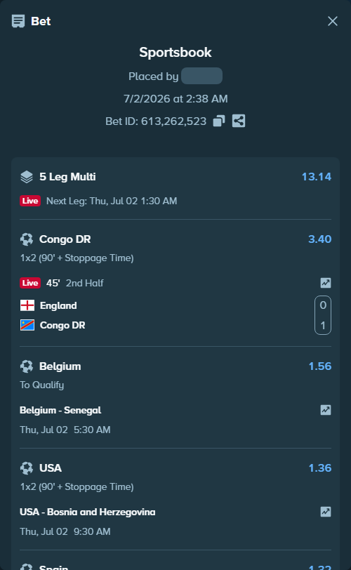Bet slip: Belgium - Senegal, $55,538.81 stake at 1.56 odds, placed by gemcabal