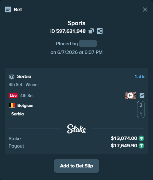 Bet slip: Belgium - Serbia, $13,074.00 stake at 1.35 odds, placed by WinTr10