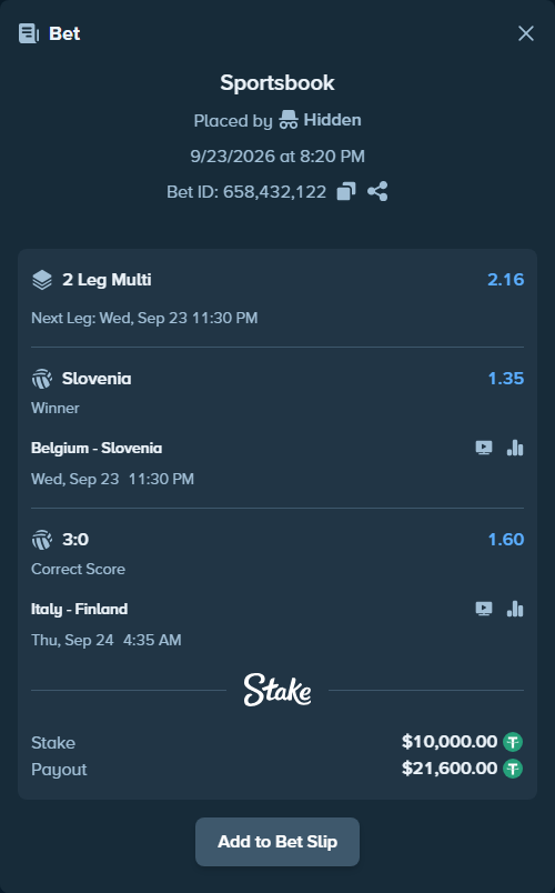 Bet slip: Belgium - Slovenia, $10,000.00 stake at 1.35 odds, placed by Hidden