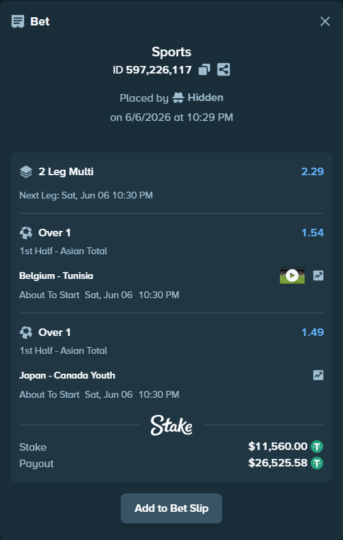 Bet slip: Belgium - Tunisia, $11,560.00 stake at 1.54 odds, placed by Hidden