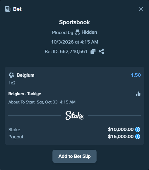 Bet slip: Belgium - Turkiye, $10,000.00 stake at 1.50 odds, placed by Didrikv