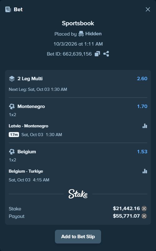 Bet slip: Belgium - Turkiye, $21,014.52 stake at 1.53 odds, placed by Hidden