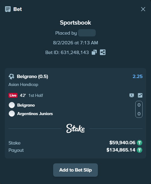 Bet slip: Belgrano - Argentinos Juniors, $60,000.00 stake at 2.25 odds, placed by ayoflasher