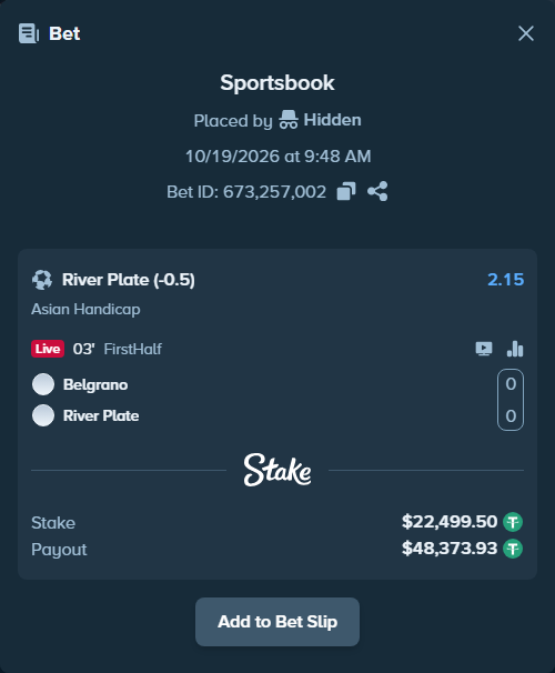 Bet slip: Belgrano - River Plate, $22,522.00 stake at 2.15 odds, placed by Reyes32