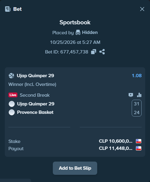 Bet slip: Beliers de Kemper - UJAP 1984 - Fos Provence Basket, $11,660.00 stake at 1.08 odds, placed by MattyMoreno07