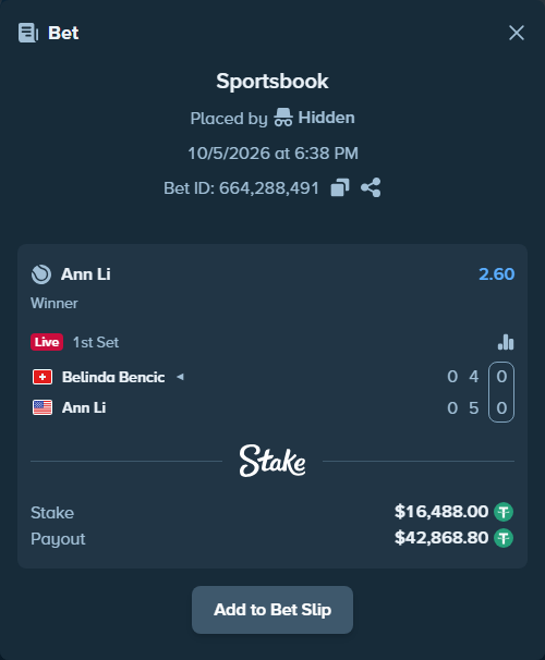 Bet slip: Belinda Bencic - Ann Li, $16,488.00 stake at 2.60 odds, placed by Hidden