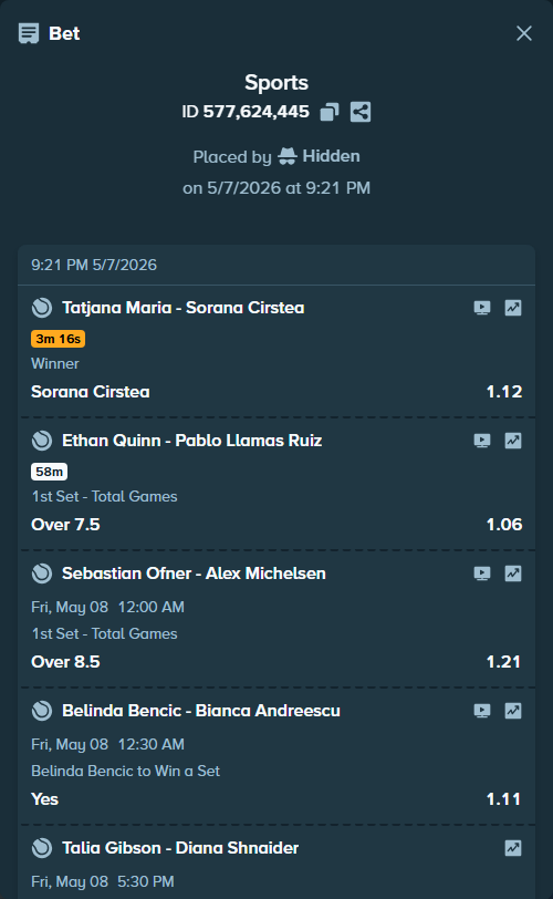 Bet slip: Belinda Bencic - Bianca Andreescu, $125,000.00 stake at 1.11 odds, placed by Hidden