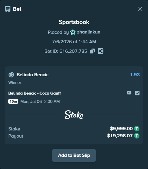 Bet slip: Belinda Bencic - Coco Gauff, $10,009.00 stake at 1.93 odds, placed by zhanjinkun