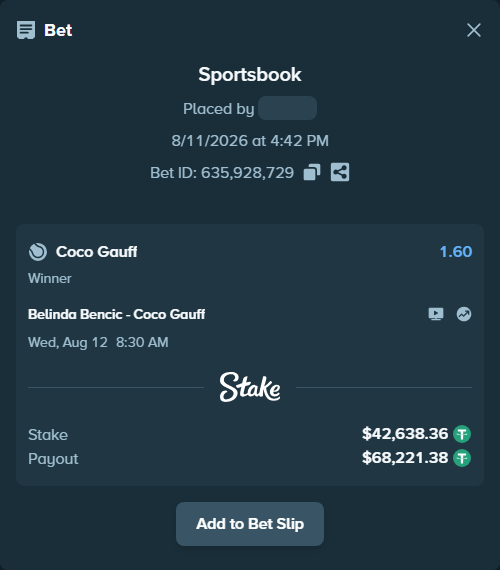 Bet slip: Belinda Bencic - Coco Gauff, $42,681.00 stake at 1.60 odds, placed by diomancy