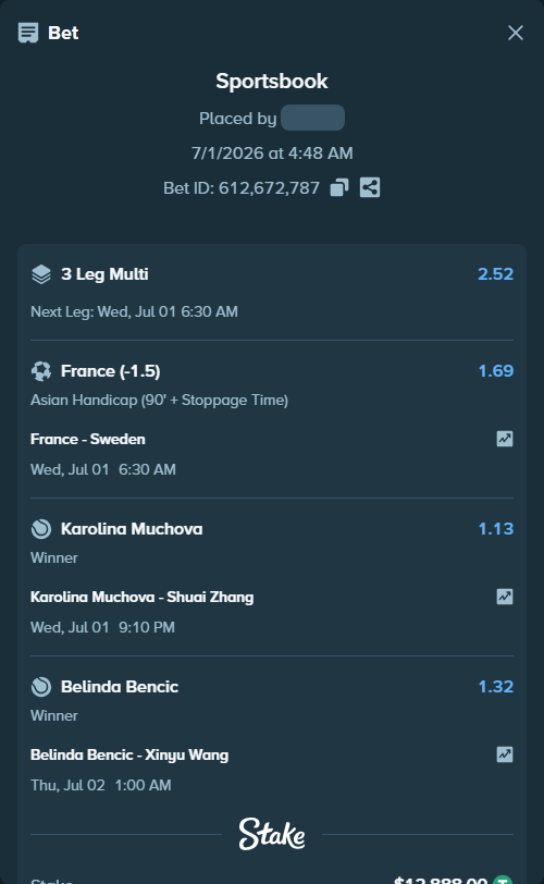 Bet slip: Belinda Bencic - Xinyu Wang, $12,900.89 stake at 1.32 odds, placed by zhanjinkun