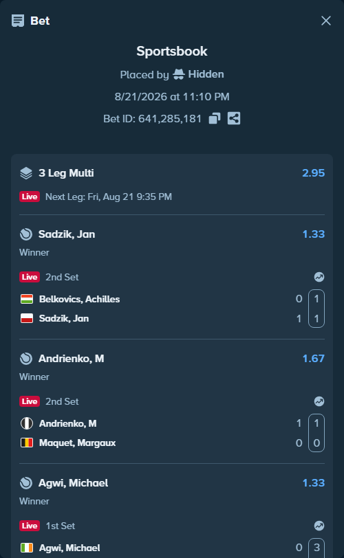 Bet slip: Belkovics, Achilles - Sadzik, Jan, $10,000.00 stake at 1.33 odds, placed by Hidden