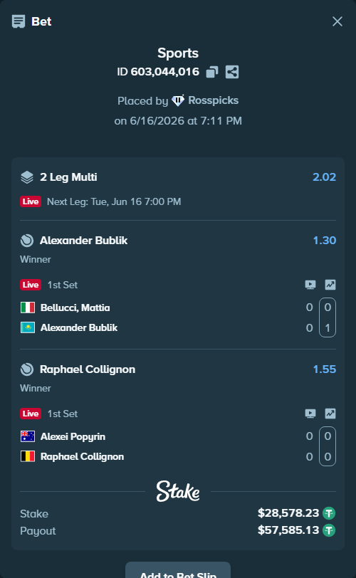 Bet slip: Bellucci, Mattia - Alexander Bublik, $28,606.81 stake at 1.30 odds, placed by Rosspicks