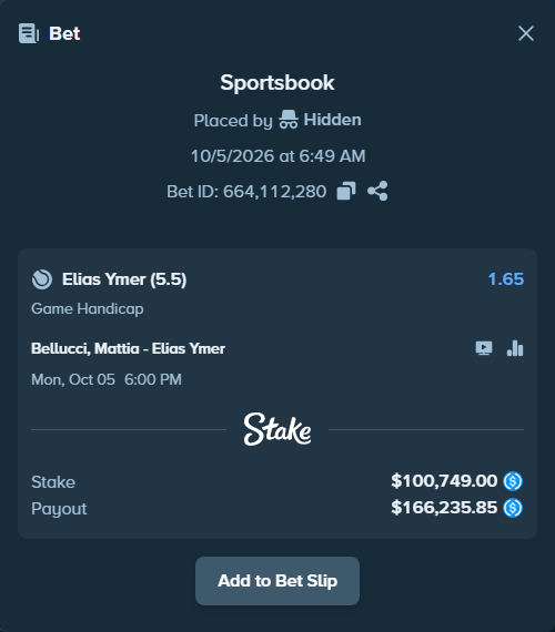Bet slip: Bellucci, Mattia - Elias Ymer, $100,749.00 stake at 1.65 odds, placed by Hidden