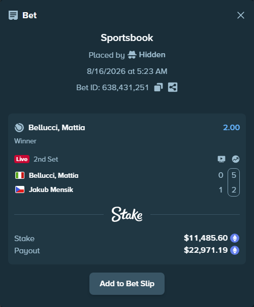 Bet slip: Bellucci, Mattia - Jakub Mensik, $11,481.79 stake at 2.00 odds, placed by Hidden