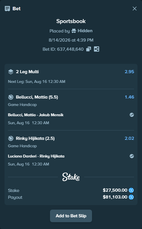 Bet slip: Bellucci, Mattia - Jakub Mensik, $27,500.00 stake at 1.46 odds, placed by Hidden