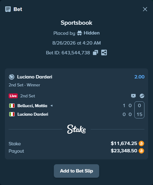 Bet slip: Bellucci, Mattia - Luciano Darderi, $11,635.54 stake at 2.00 odds, placed by Hidden