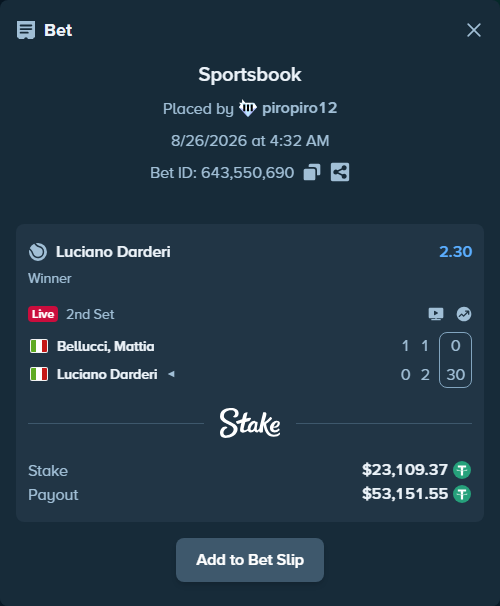 Bet slip: Bellucci, Mattia - Luciano Darderi, $23,109.37 stake at 2.30 odds, placed by piropiro12