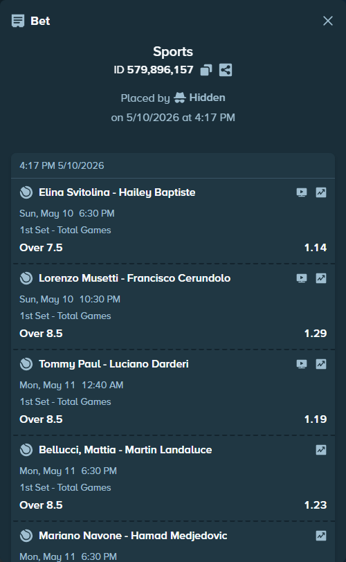 Bet slip: Bellucci, Mattia - Martin Landaluce, $125,000.00 stake at 1.23 odds, placed by Hidden