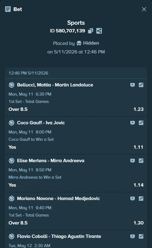 Bet slip: Bellucci, Mattia - Martin Landaluce, $125,000.00 stake at 1.23 odds, placed by Hidden