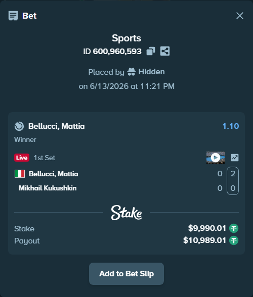 Bet slip: Bellucci, Mattia - Mikhail Kukushkin, $10,000.00 stake at 1.10 odds, placed by Hidden
