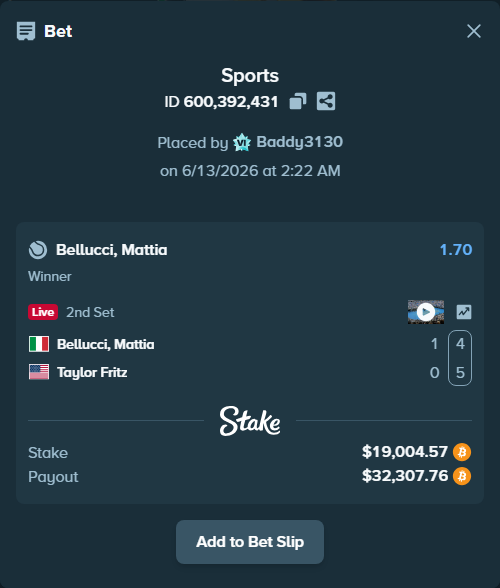 Bet slip: Bellucci, Mattia - Taylor Fritz, $19,145.35 stake at 1.70 odds, placed by Baddy3130