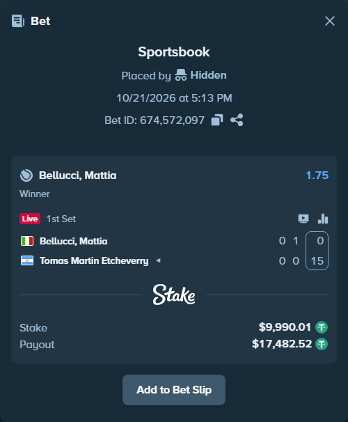 Bet slip: Bellucci, Mattia - Tomas Martin Etcheverry, $10,000.00 stake at 1.75 odds, placed by Mates99