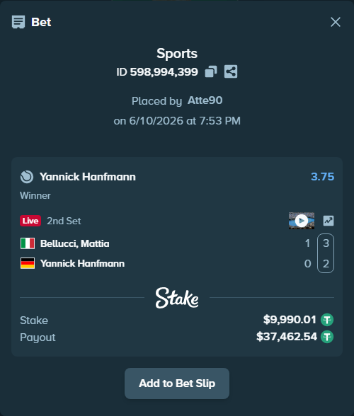 Bet slip: Bellucci, Mattia - Yannick Hanfmann, $10,000.00 stake at 3.75 odds, placed by Atte90