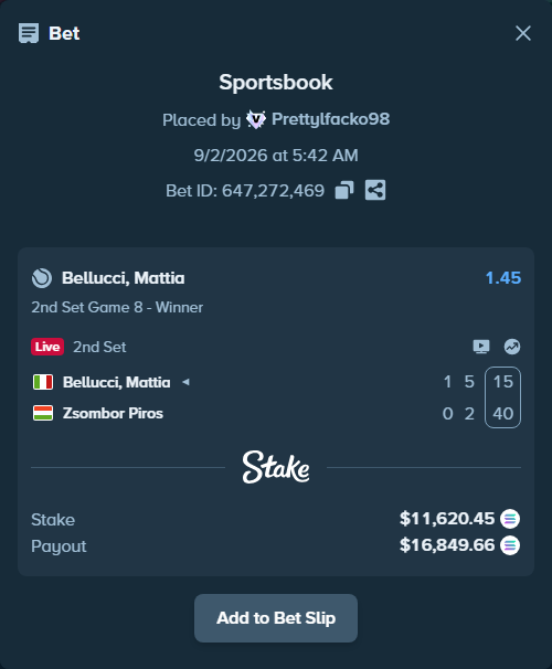 Bet slip: Bellucci, Mattia - Zsombor Piros, $11,536.80 stake at 1.45 odds, placed by Prettylfacko98