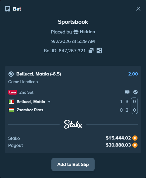Bet slip: Bellucci, Mattia - Zsombor Piros, $15,415.20 stake at 2.00 odds, placed by Hidden