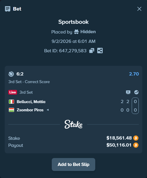 Bet slip: Bellucci, Mattia - Zsombor Piros, $18,526.32 stake at 2.70 odds, placed by Hidden