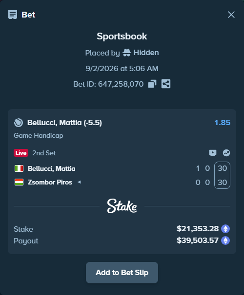 Bet slip: Bellucci, Mattia - Zsombor Piros, $21,282.49 stake at 1.85 odds, placed by Hidden