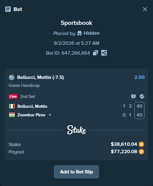 Bet slip: Bellucci, Mattia - Zsombor Piros, $38,538.00 stake at 2.00 odds, placed by Hidden