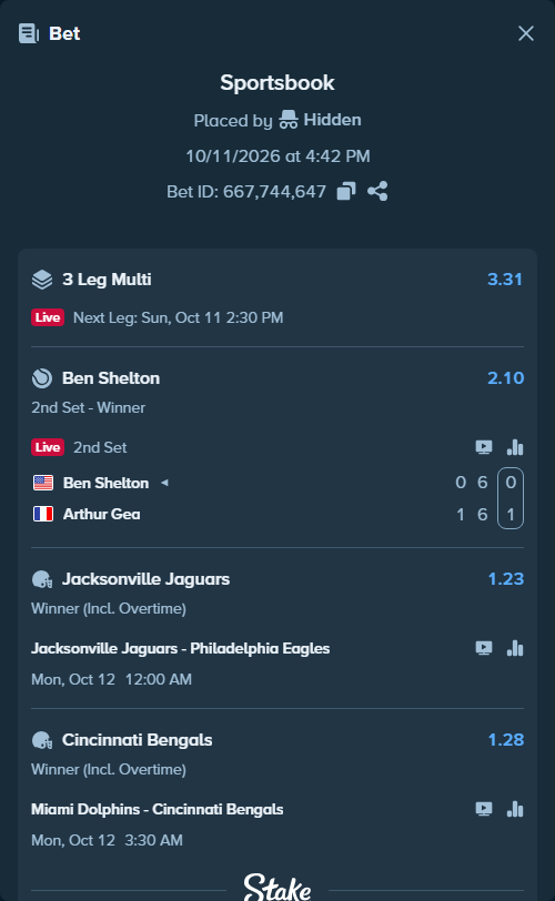 Bet slip: Ben Shelton - Arthur Gea, $13,791.86 stake at 2.10 odds, placed by Hidden