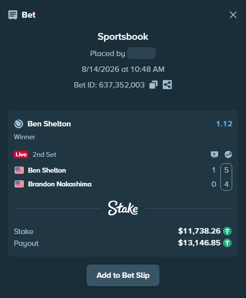 Bet slip: Ben Shelton - Brandon Nakashima, $11,750.00 stake at 1.12 odds, placed by SH7N28