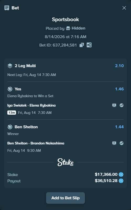 Bet slip: Ben Shelton - Brandon Nakashima, $17,366.00 stake at 1.44 odds, placed by Hidden