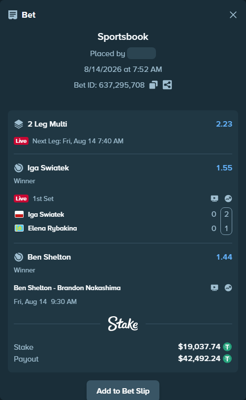 Bet slip: Ben Shelton - Brandon Nakashima, $19,056.78 stake at 1.44 odds, placed by Davidbushel1