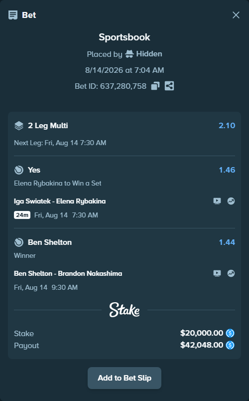 Bet slip: Ben Shelton - Brandon Nakashima, $20,000.00 stake at 1.44 odds, placed by Hidden