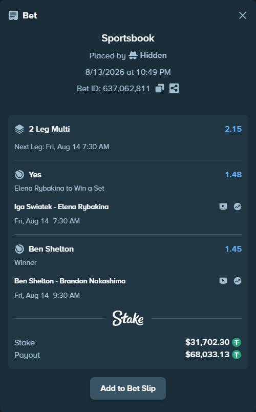 Bet slip: Ben Shelton - Brandon Nakashima, $31,734.00 stake at 1.45 odds, placed by Hidden
