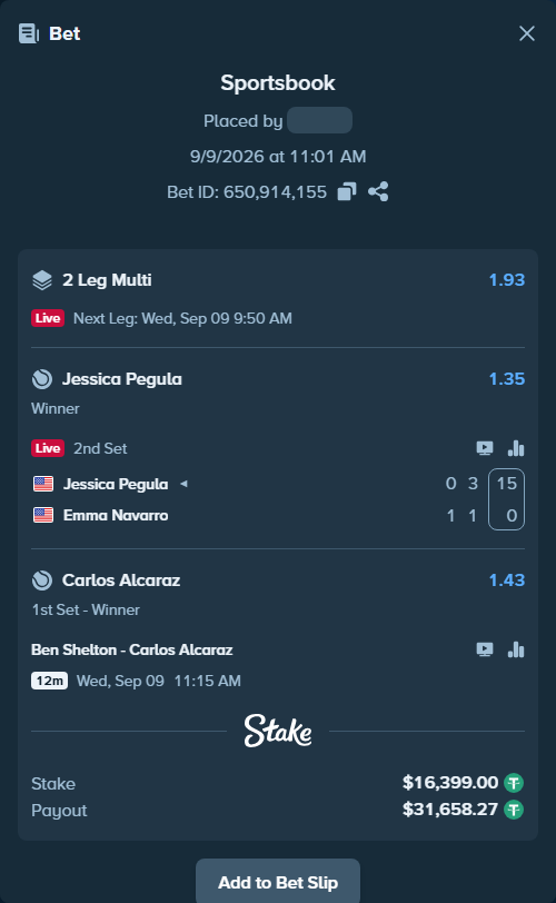 Bet slip: Ben Shelton - Carlos Alcaraz, $16,399.00 stake at 1.43 odds, placed by DooDLeZ1love