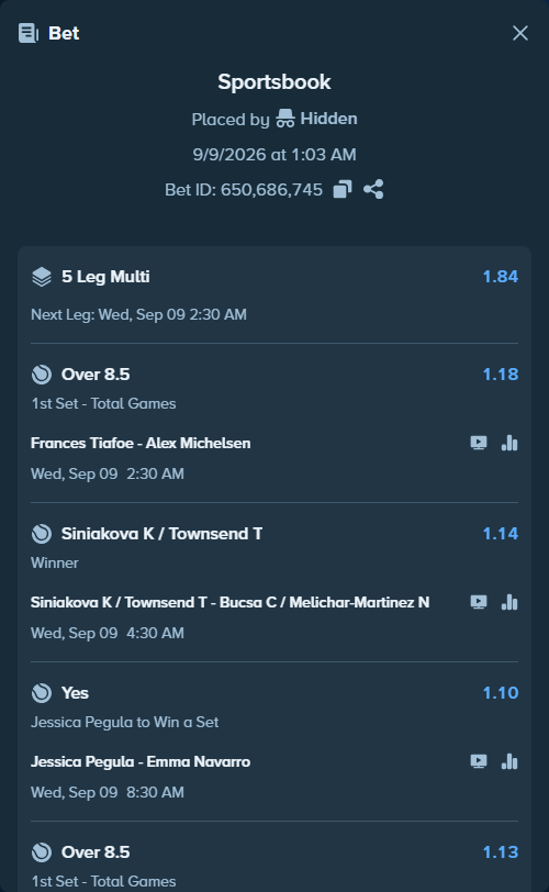 Bet slip: Ben Shelton - Carlos Alcaraz, $17,013.67 stake at 1.13 odds, placed by Hidden