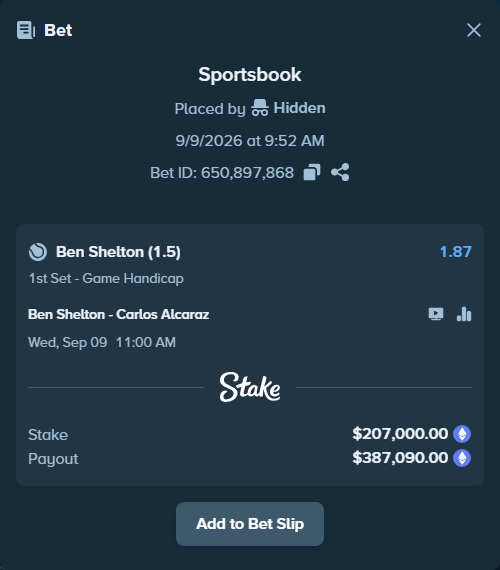 Bet slip: Ben Shelton - Carlos Alcaraz, $209,387.34 stake at 1.87 odds, placed by Hidden