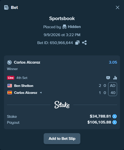 Bet slip: Ben Shelton - Carlos Alcaraz, $34,788.81 stake at 3.05 odds, placed by Hidden