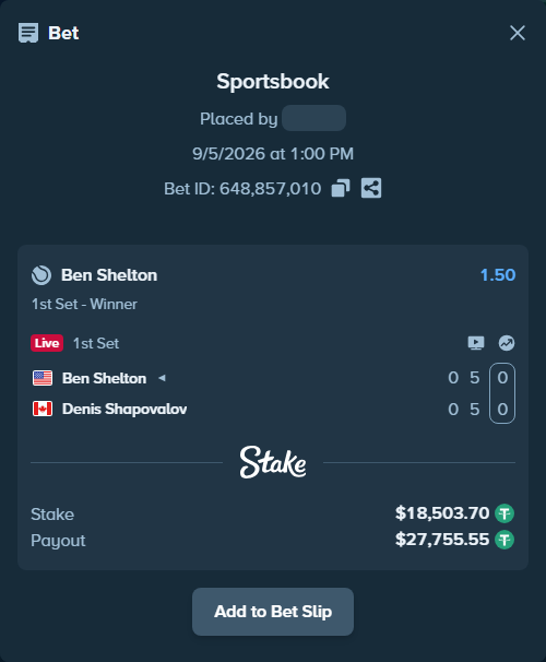 Bet slip: Ben Shelton - Denis Shapovalov, $18,500.00 stake at 1.50 odds, placed by Elantari36