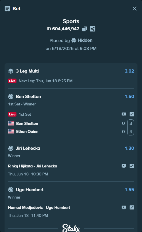 Bet slip: Ben Shelton - Ethan Quinn, $15,403.57 stake at 1.50 odds, placed by Hidden