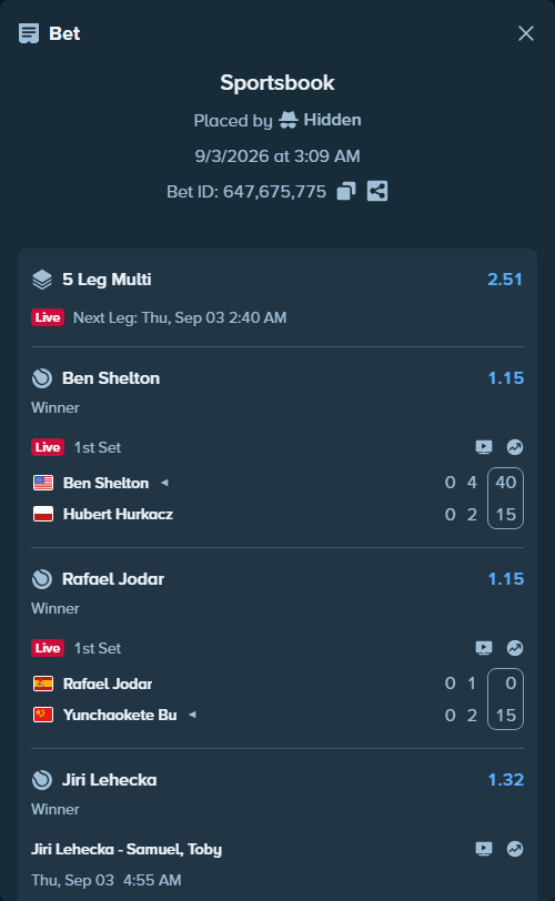 Bet slip: Ben Shelton - Hubert Hurkacz, $10,051.73 stake at 1.15 odds, placed by Hidden